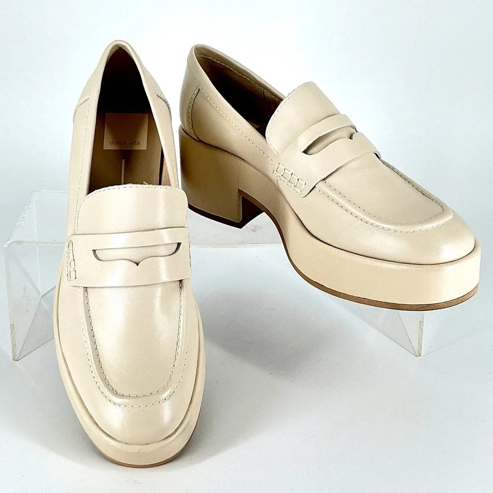 Dolce Vita Size 8.5 Ivory Leather Platform‎ Penny Loafers NEW Chunky Yanni $150